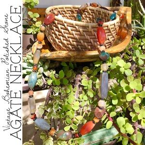 Vintage Polished Earth-Toned Agate Beaded Necklace